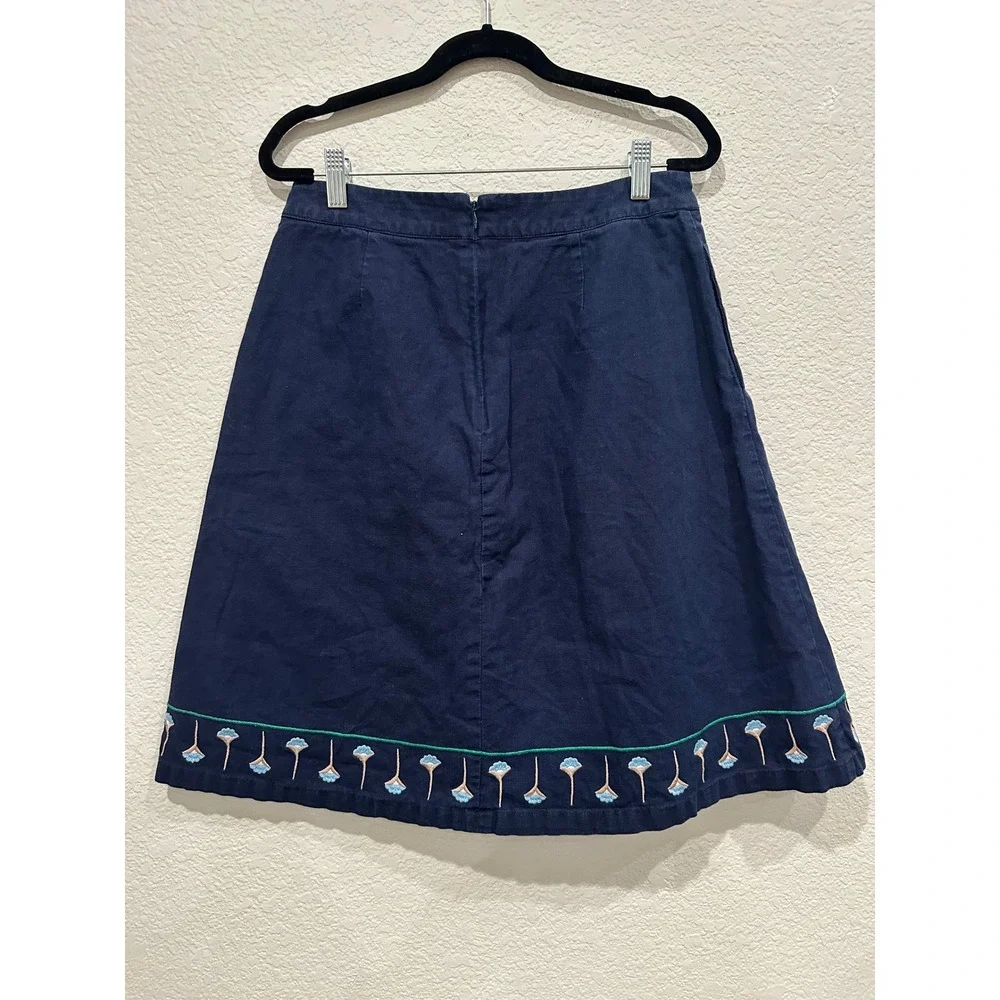 Boden Navy Blue Floral Embroidered Linen Cotton A-Line Skirt Petite 6P Boho